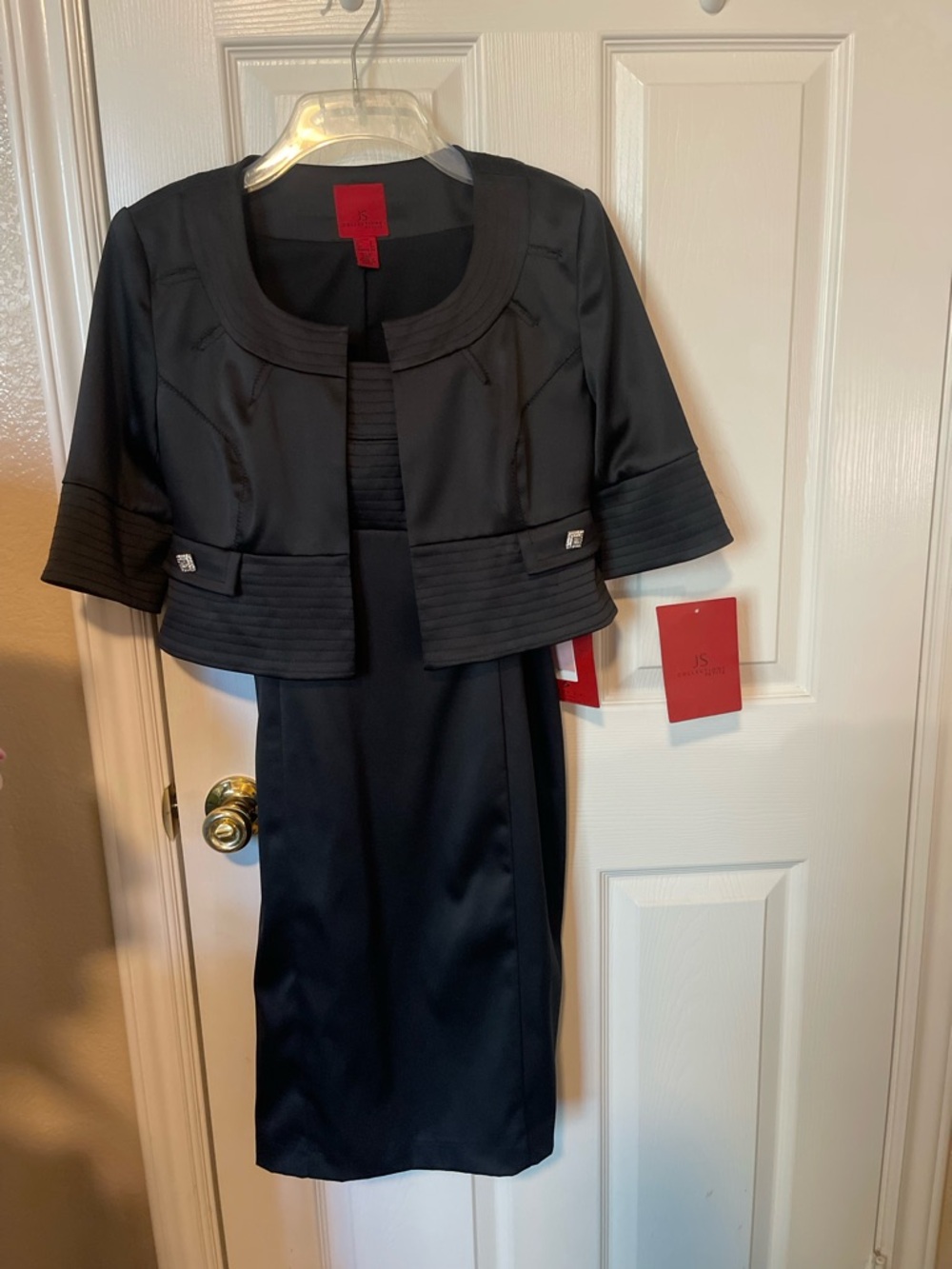 JS Collections Black Satin Dress with Matching Cropped Jacket